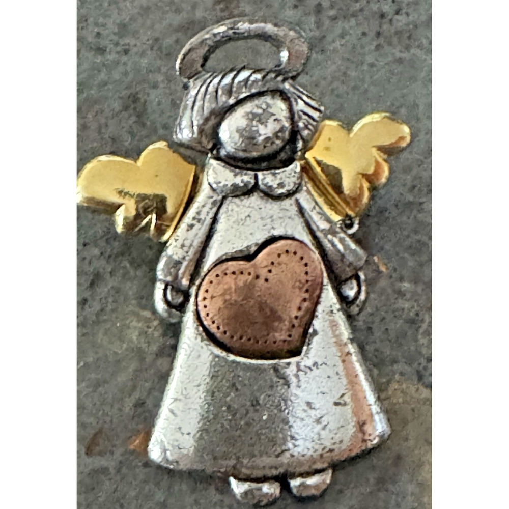 Angel Brooch AJMC Gold Tone‎ Wings Silver Tone Dress Heart Motif Pin vintage